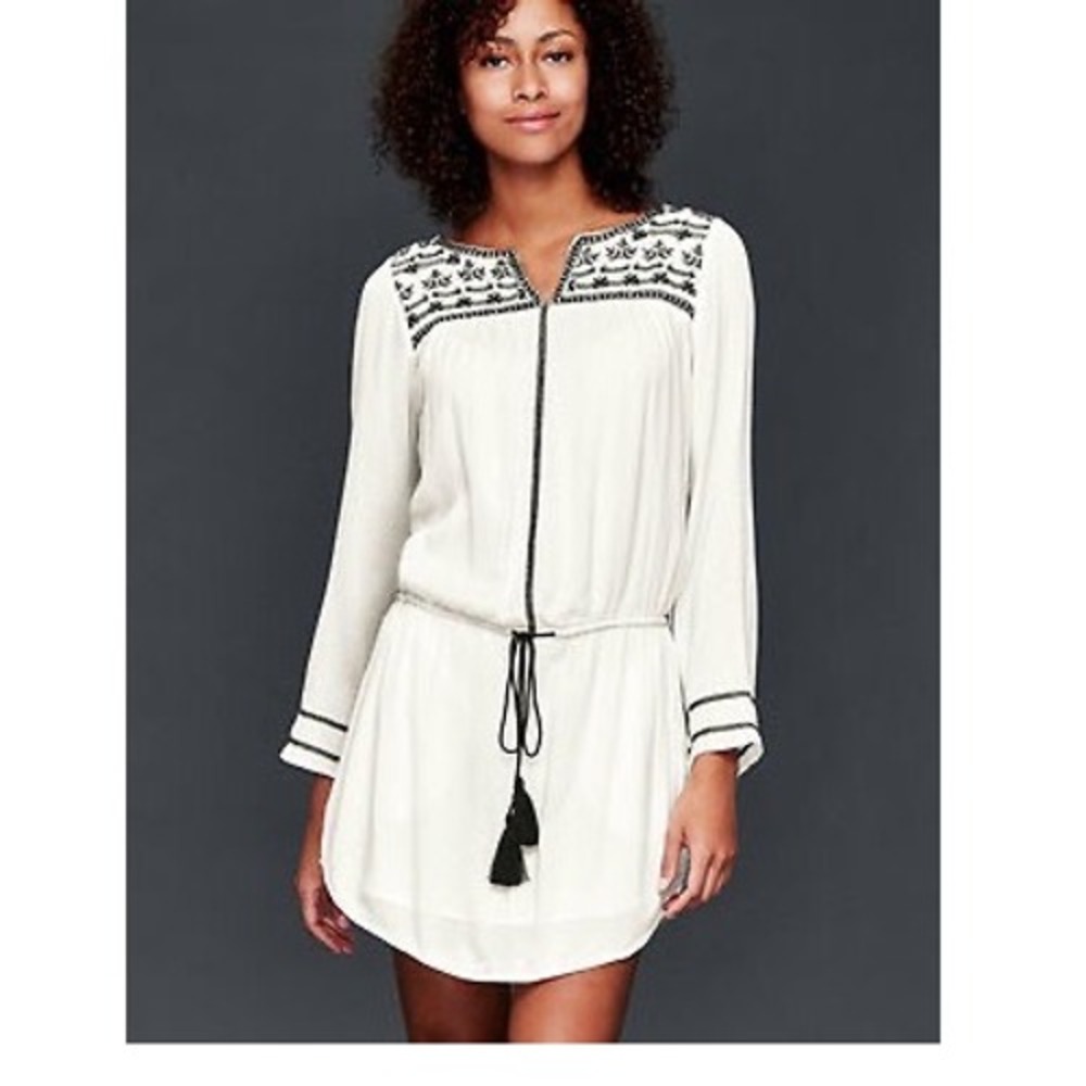 Gap White Embroidered Tassel Boho Tunic Dress Long Sleeve Petite M